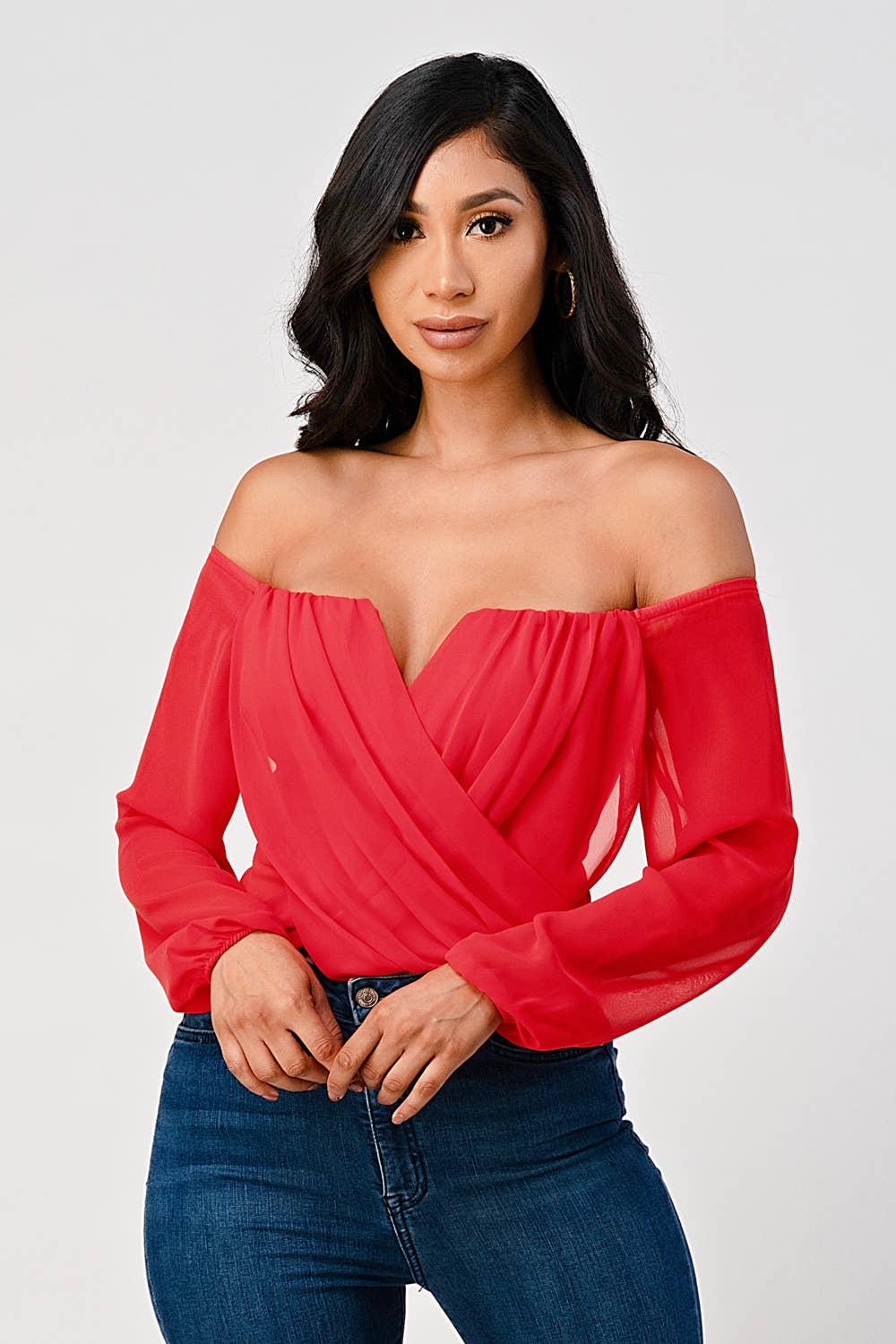 Marbella Off Shoulder Draped Front Long Sleeve Top