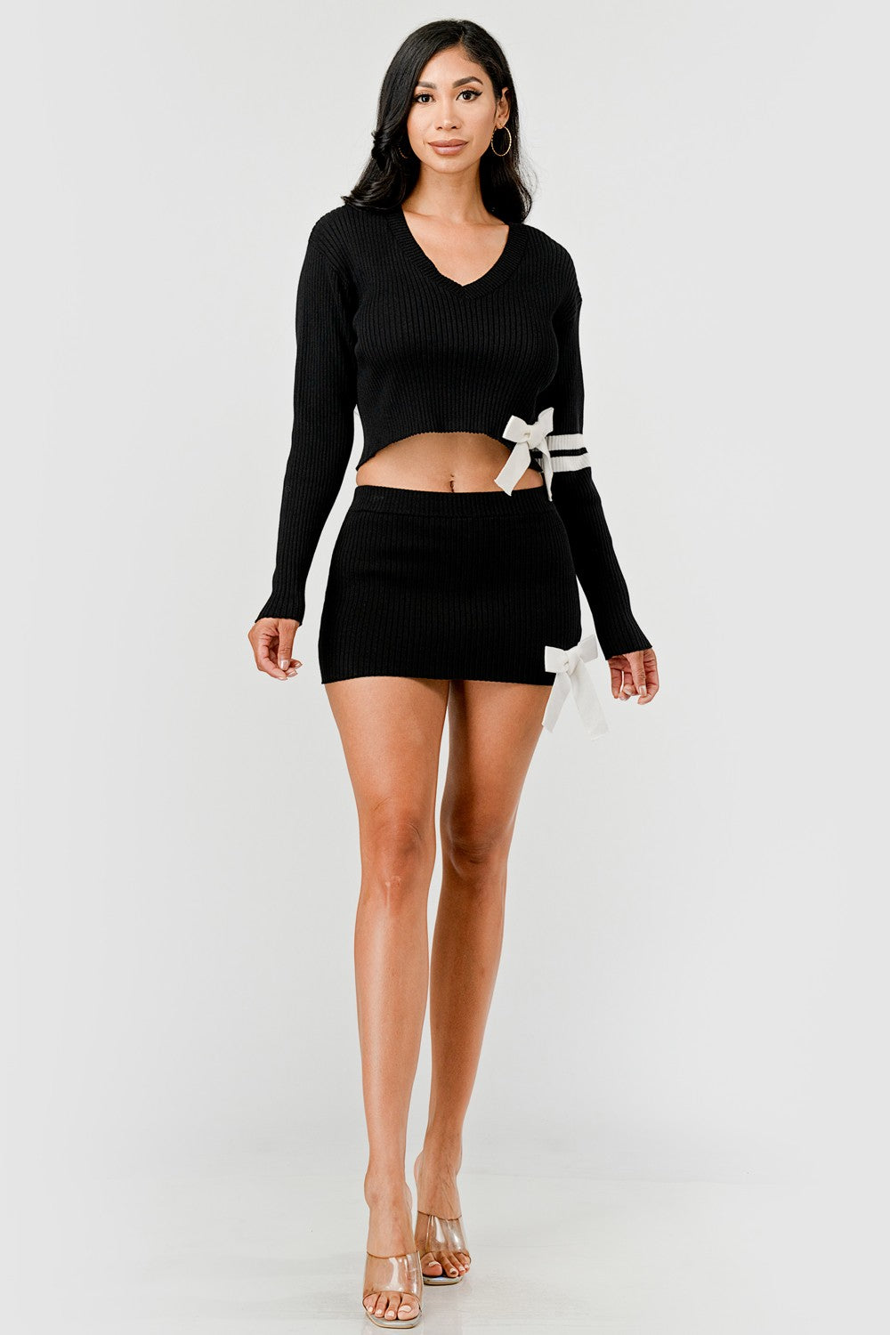 Serena Bow Detail Rib Knit Two Piece Mini Skirt Set