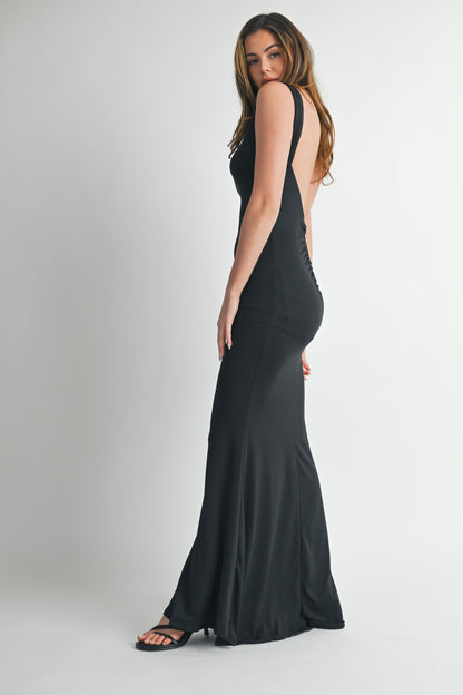 Roxy High Neck Ruched Low Back Maxi Dress