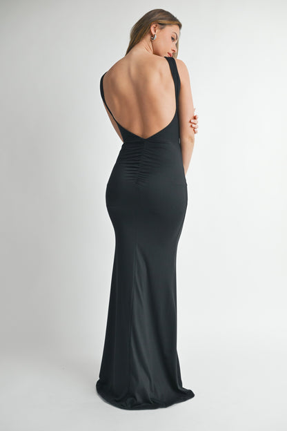 Roxy High Neck Ruched Low Back Maxi Dress