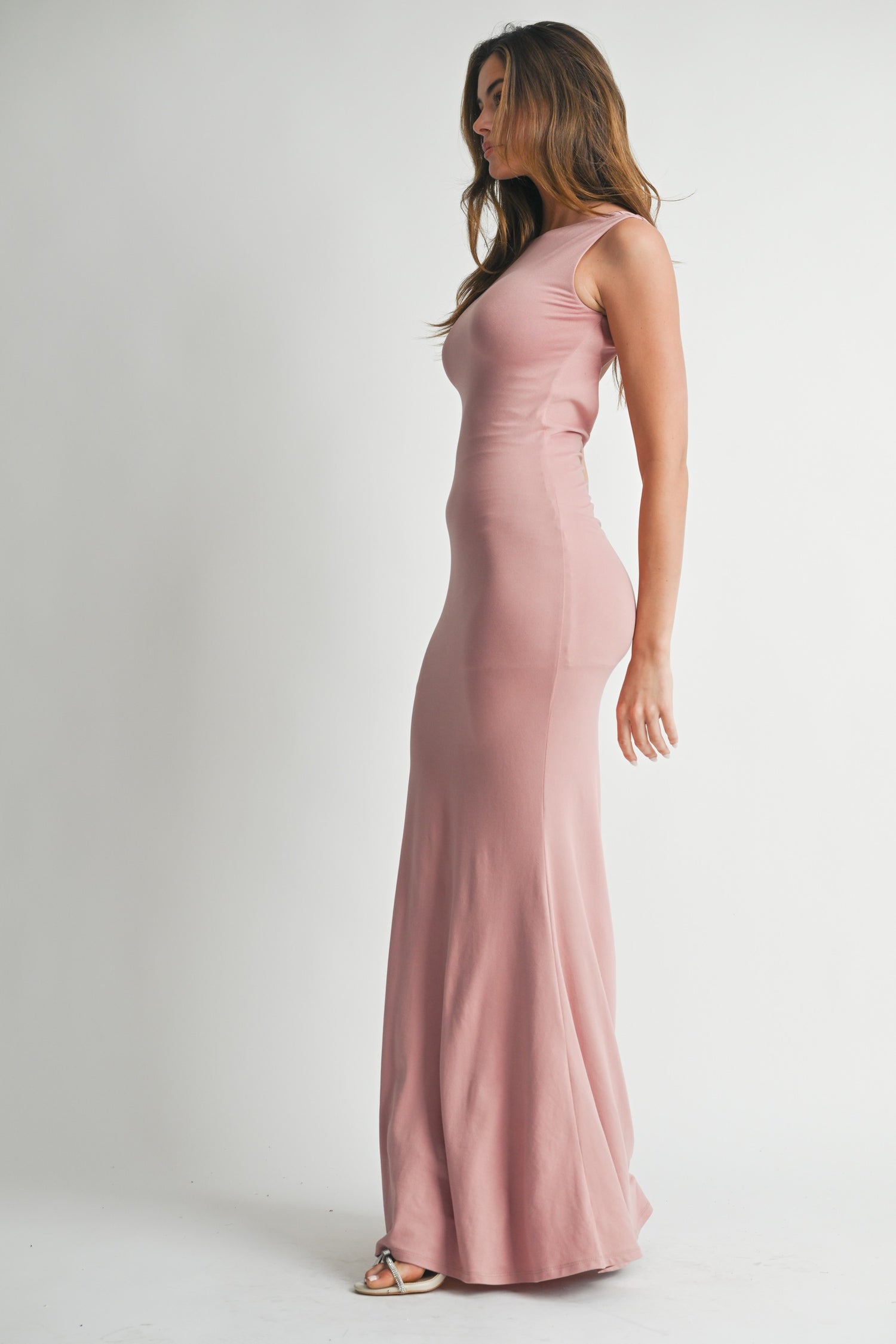 Roxy High Neck Ruched Low Back Maxi Dress