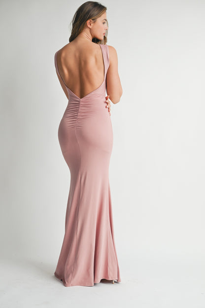 Roxy High Neck Ruched Low Back Maxi Dress