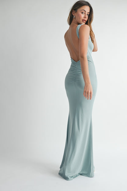 Roxy High Neck Ruched Low Back Maxi Dress