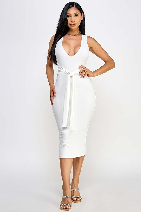 Natasha Deep V Neck Front Tie Bodycon Midi Dress