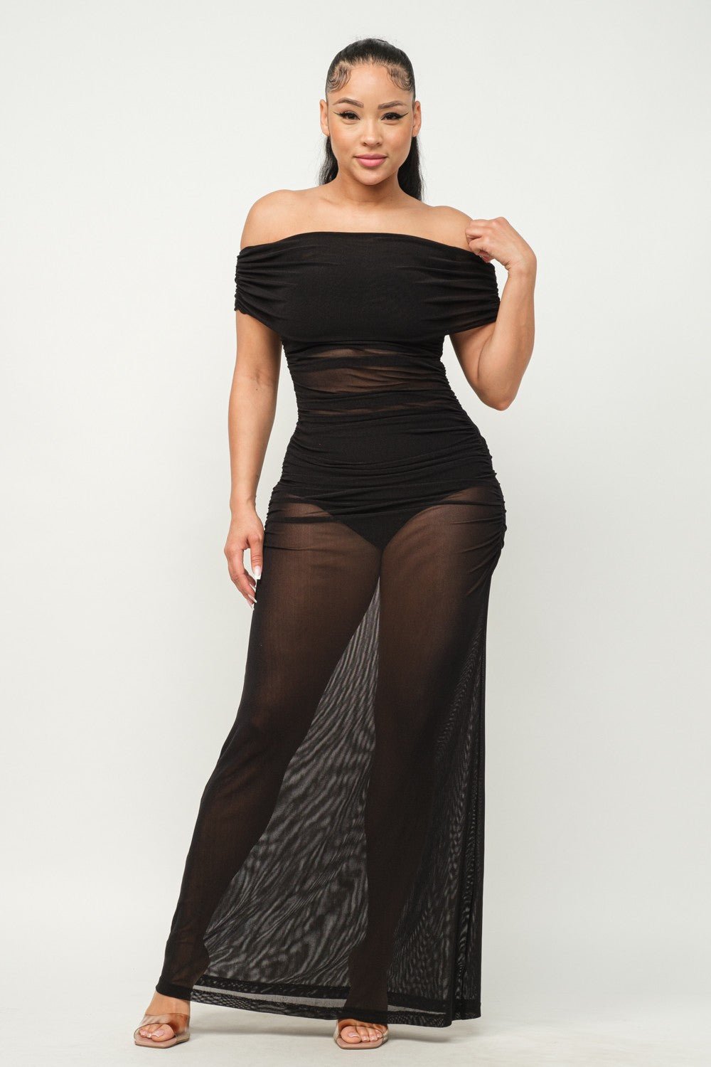 Amara Off Shoulder Sheer Mesh Maxi Dress - ShopRbls