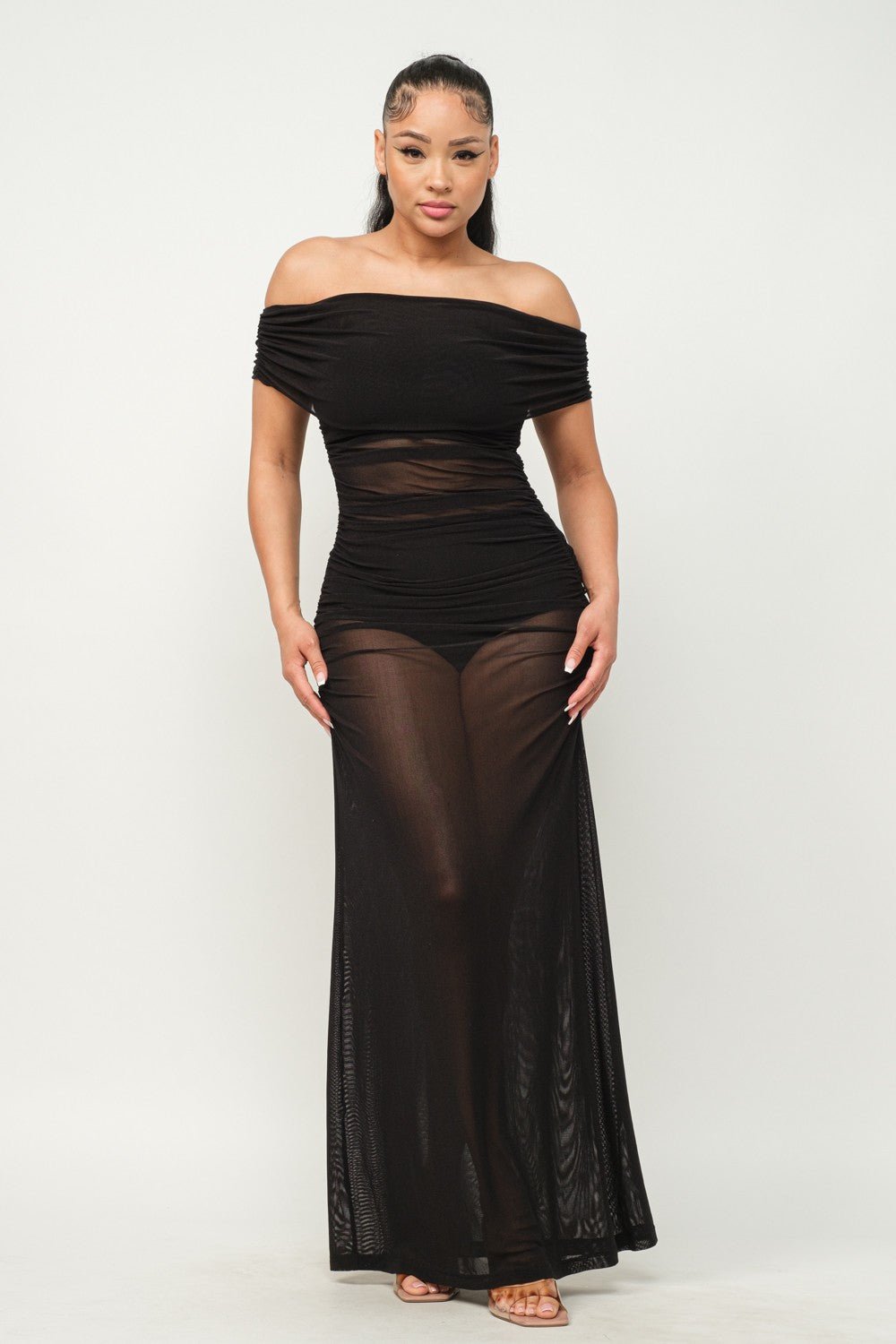 Amara Off Shoulder Sheer Mesh Maxi Dress - ShopRbls