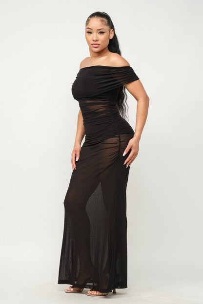 Amara Off Shoulder Sheer Mesh Maxi Dress - ShopRbls