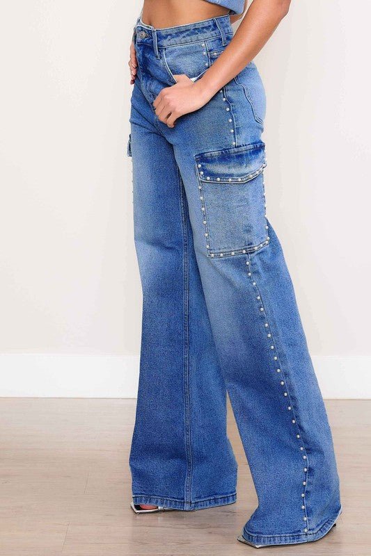 Blair High Rise Pearl Decor Wide Leg Cargo Jeans - ShopRbls