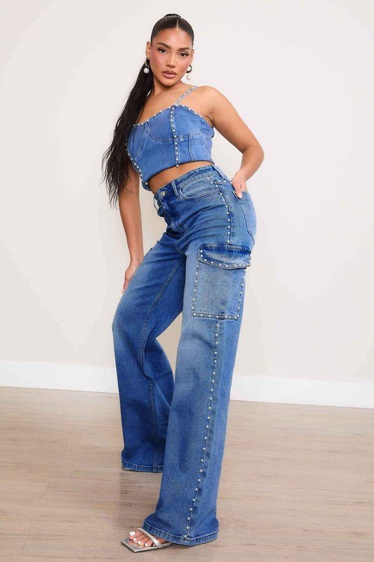 Blair High Rise Pearl Decor Wide Leg Cargo Jeans - ShopRbls