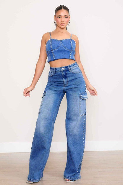 Blair High Rise Pearl Decor Wide Leg Cargo Jeans - ShopRbls