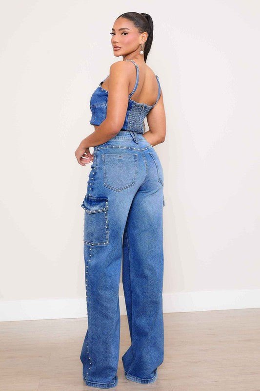 Blair High Rise Pearl Decor Wide Leg Cargo Jeans - ShopRbls