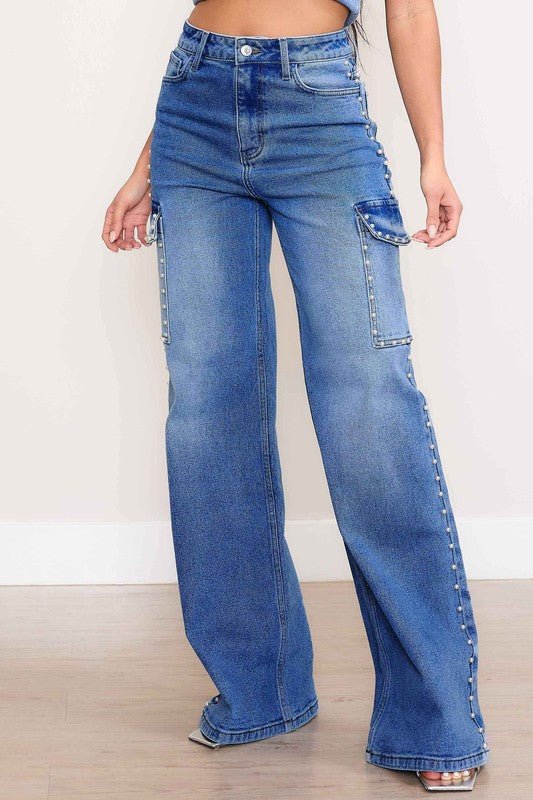 Blair High Rise Pearl Decor Wide Leg Cargo Jeans - ShopRbls