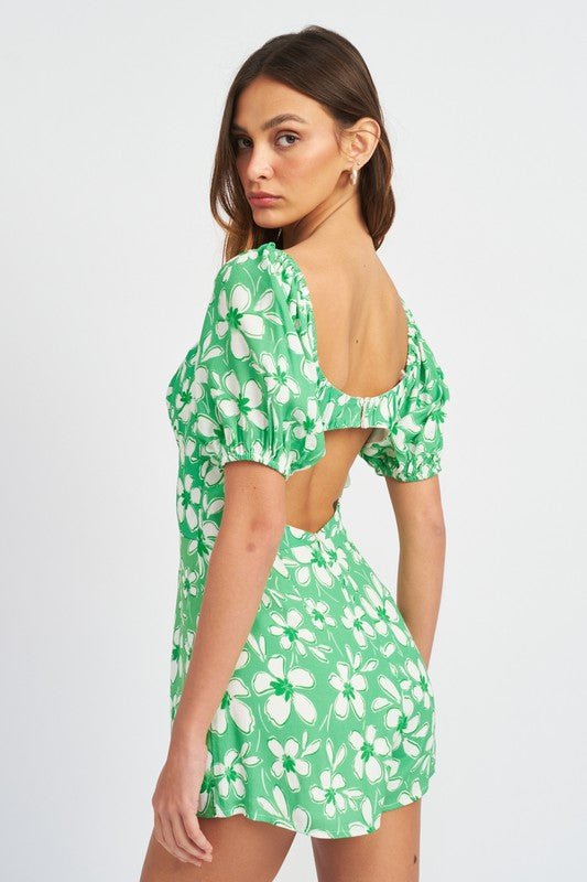 Bonita Puff Sleeves Cut Out Floral Print Romper - ShopRbls