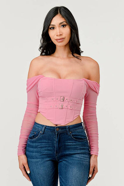 Buckle Hunny Off Shoulder Mesh Sleeve Corset Top - ShopRbls