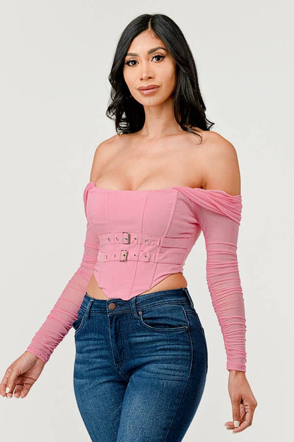 Buckle Hunny Off Shoulder Mesh Sleeve Corset Top - ShopRbls