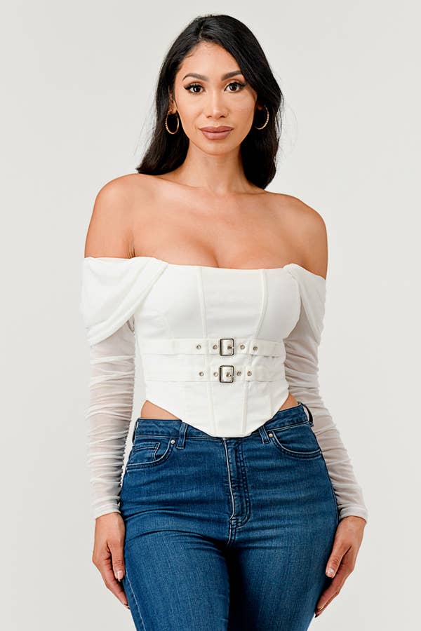 Buckle Hunny Off Shoulder Mesh Sleeve Corset Top - ShopRbls