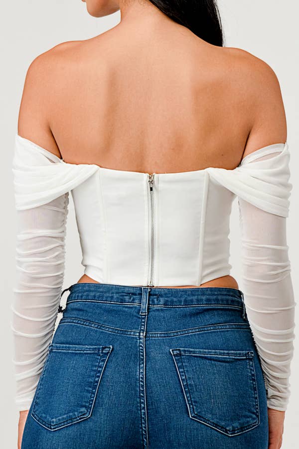 Buckle Hunny Off Shoulder Mesh Sleeve Corset Top - ShopRbls