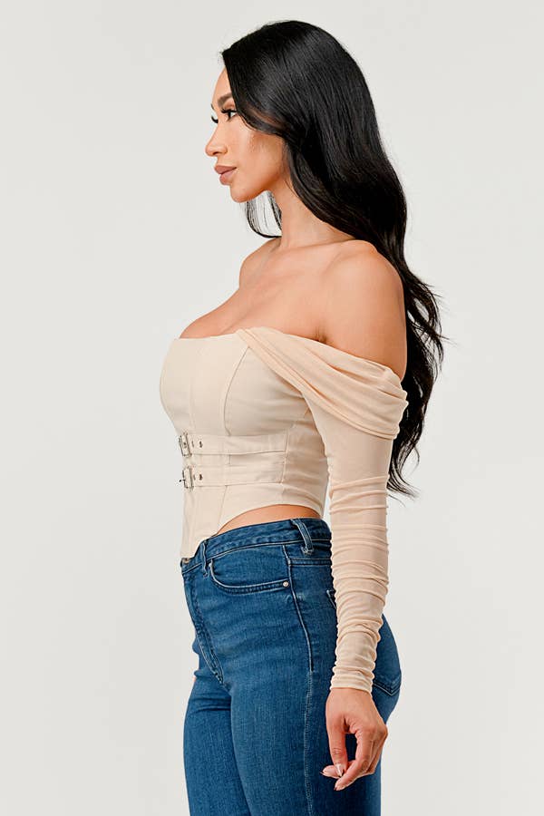 Buckle Hunny Off Shoulder Mesh Sleeve Corset Top - ShopRbls