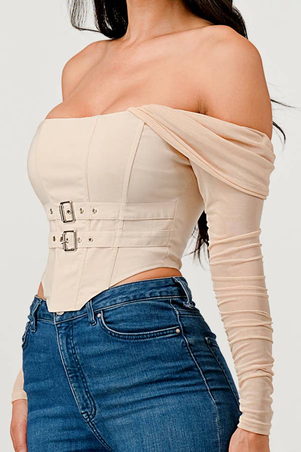 Buckle Hunny Off Shoulder Mesh Sleeve Corset Top - ShopRbls