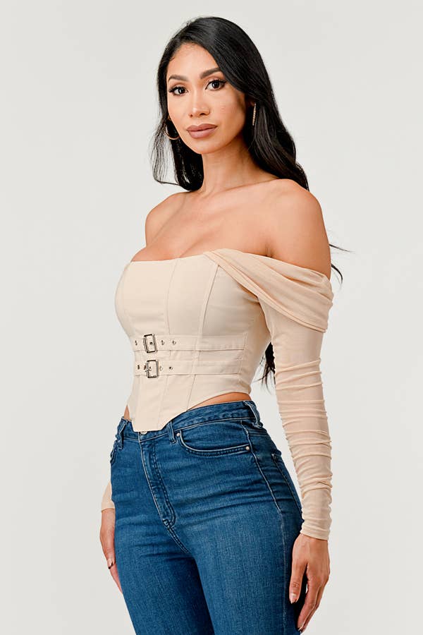 Buckle Hunny Off Shoulder Mesh Sleeve Corset Top - ShopRbls