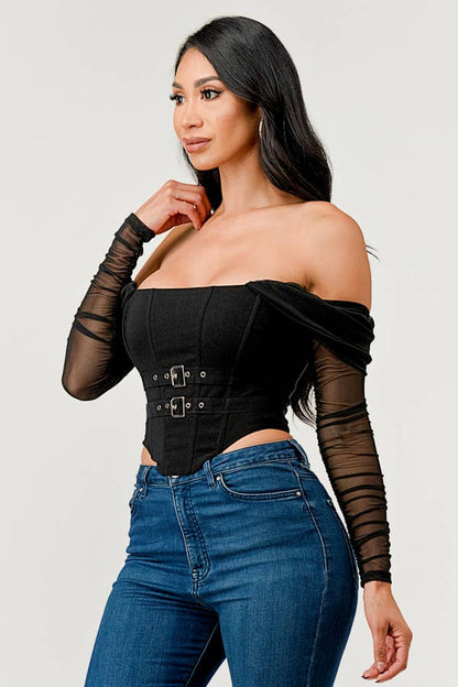 Buckle Hunny Off Shoulder Mesh Sleeve Corset Top - ShopRbls