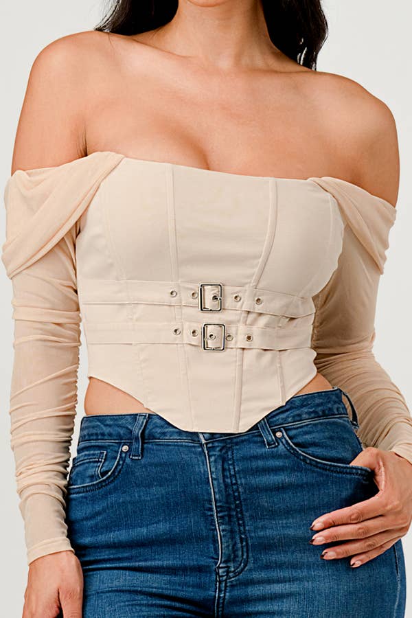 Buckle Hunny Off Shoulder Mesh Sleeve Corset Top - ShopRbls