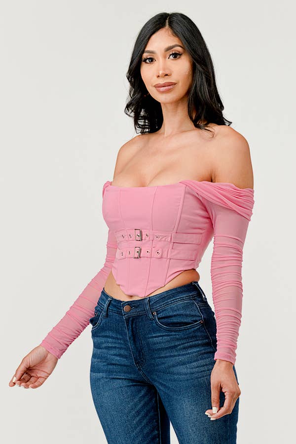 Buckle Hunny Off Shoulder Mesh Sleeve Corset Top - ShopRbls