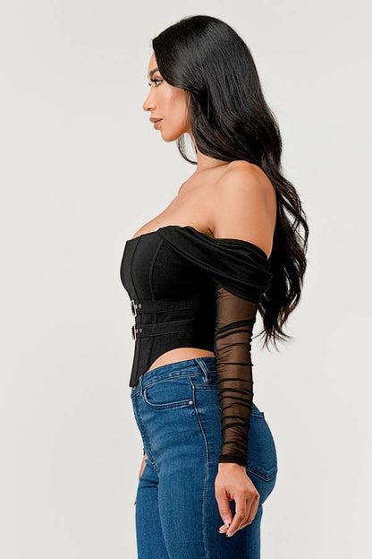 Buckle Hunny Off Shoulder Mesh Sleeve Corset Top - ShopRbls