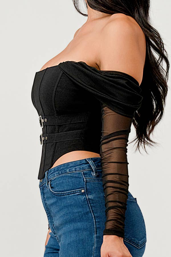 Buckle Hunny Off Shoulder Mesh Sleeve Corset Top - ShopRbls