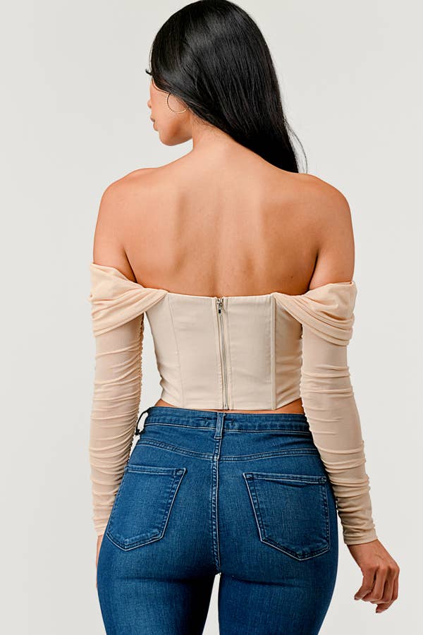 Buckle Hunny Off Shoulder Mesh Sleeve Corset Top - ShopRbls