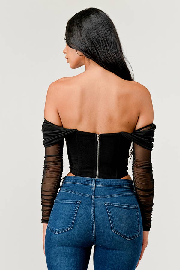 Buckle Hunny Off Shoulder Mesh Sleeve Corset Top - ShopRbls