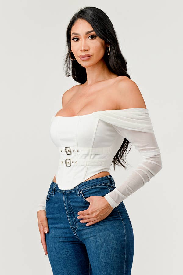 Buckle Hunny Off Shoulder Mesh Sleeve Corset Top - ShopRbls