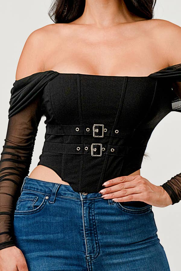 Buckle Hunny Off Shoulder Mesh Sleeve Corset Top - ShopRbls