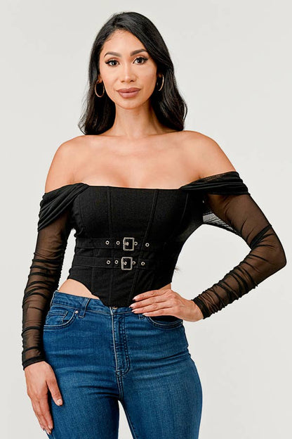 Buckle Hunny Off Shoulder Mesh Sleeve Corset Top - ShopRbls