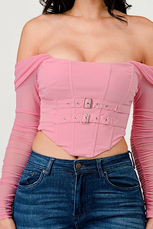 Buckle Hunny Off Shoulder Mesh Sleeve Corset Top - ShopRbls