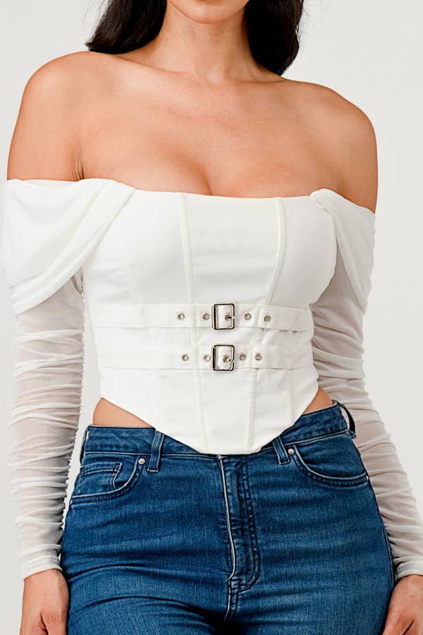 Buckle Hunny Off Shoulder Mesh Sleeve Corset Top - ShopRbls