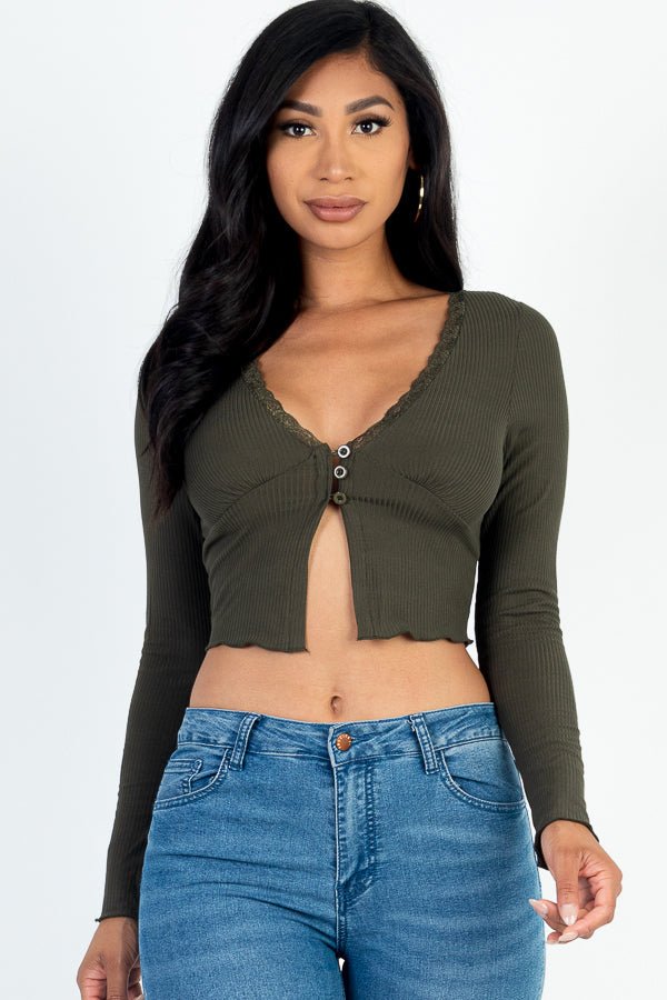 Casual Basics Lace Trim Long Sleeve Rib Knit Crop Top - ShopRbls