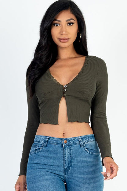 Casual Basics Lace Trim Long Sleeve Rib Knit Crop Top - ShopRbls