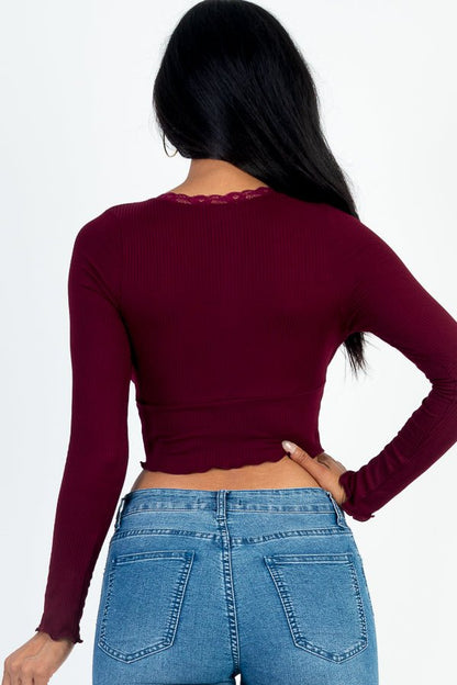 Casual Basics Lace Trim Long Sleeve Rib Knit Crop Top - ShopRbls