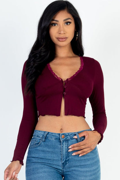 Casual Basics Lace Trim Long Sleeve Rib Knit Crop Top - ShopRbls