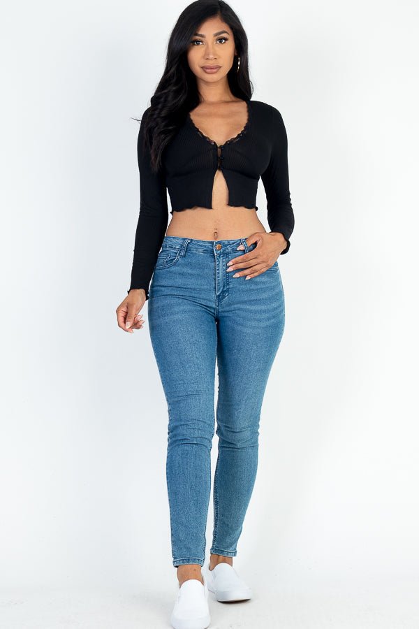 Casual Basics Lace Trim Long Sleeve Rib Knit Crop Top - ShopRbls