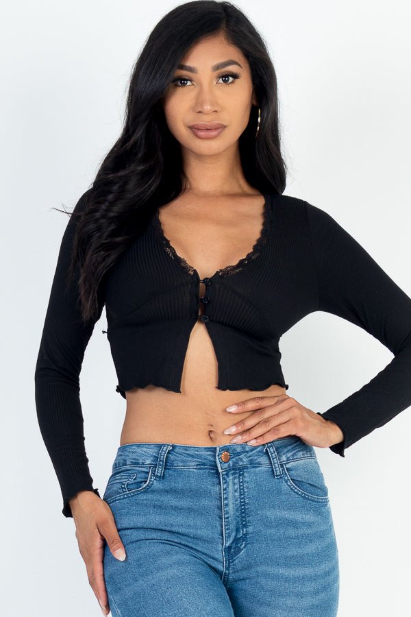 Casual Basics Lace Trim Long Sleeve Rib Knit Crop Top - ShopRbls