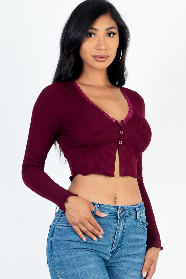 Casual Basics Lace Trim Long Sleeve Rib Knit Crop Top - ShopRbls