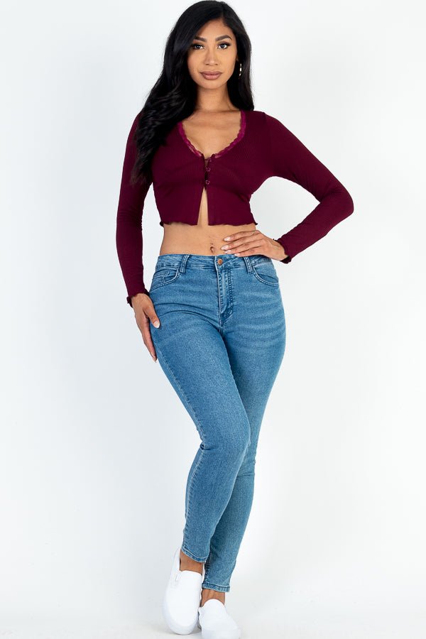 Casual Basics Lace Trim Long Sleeve Rib Knit Crop Top - ShopRbls