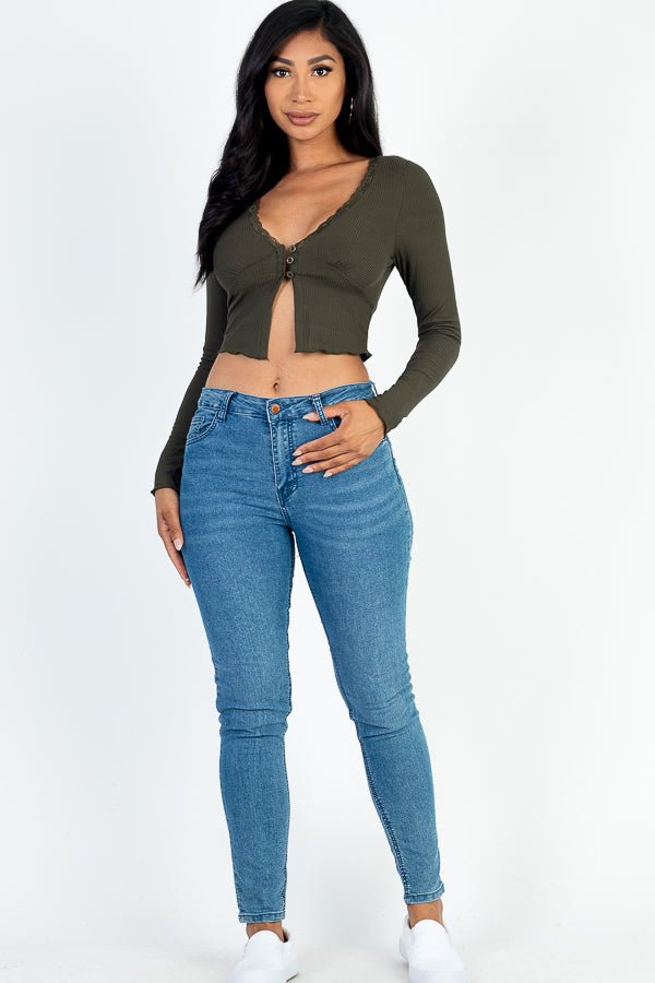 Casual Basics Lace Trim Long Sleeve Rib Knit Crop Top - ShopRbls