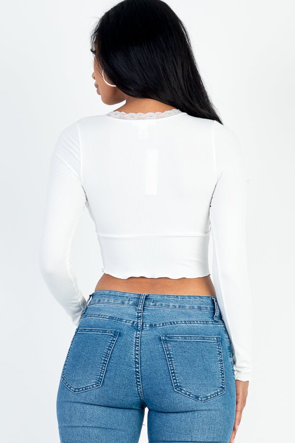 Casual Basics Lace Trim Long Sleeve Rib Knit Crop Top - ShopRbls