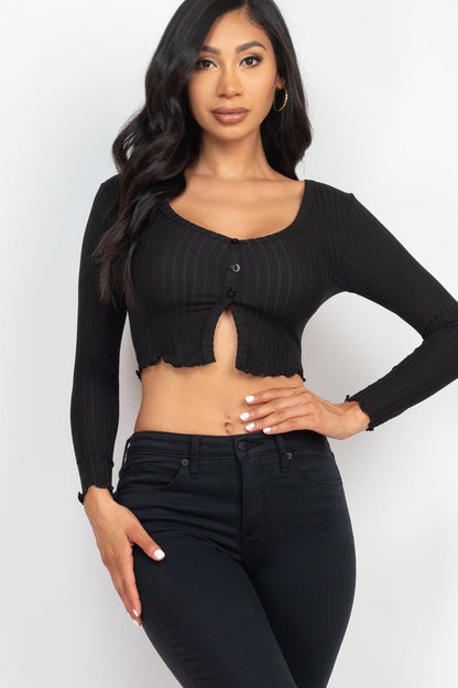 Casual Basics Ribbed Button Front Split Long Sleeve Crop Top - ShopRbls