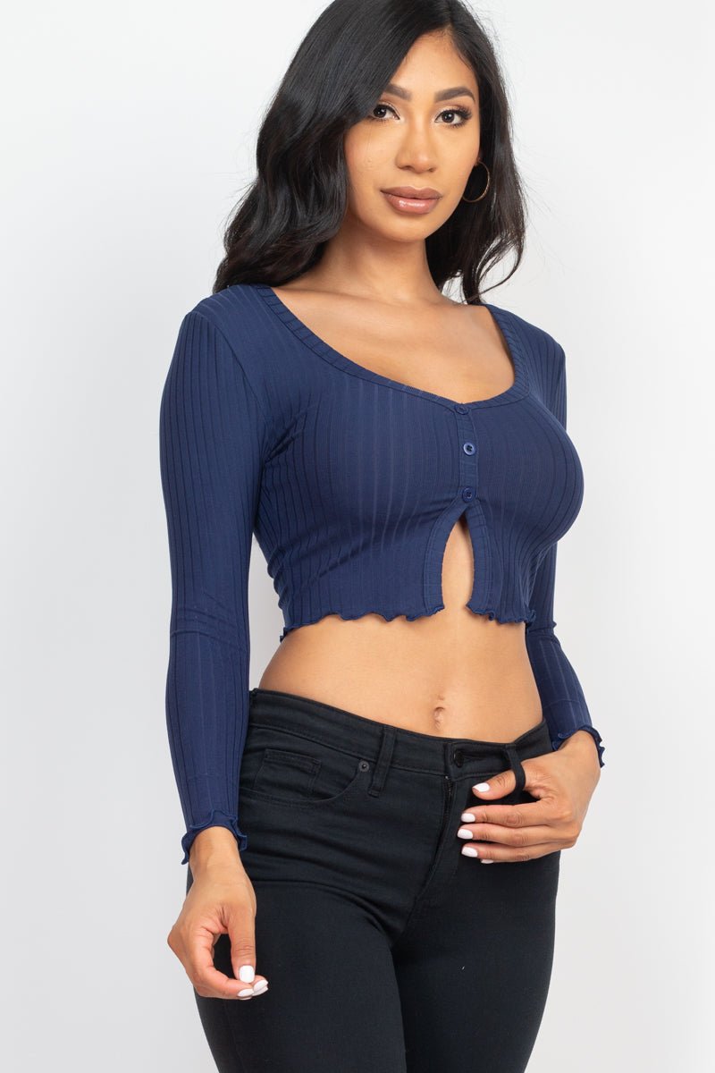 Casual Basics Ribbed Button Front Split Long Sleeve Crop Top - ShopRbls