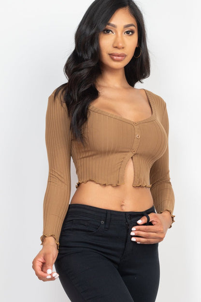 Casual Basics Ribbed Button Front Split Long Sleeve Crop Top - ShopRbls