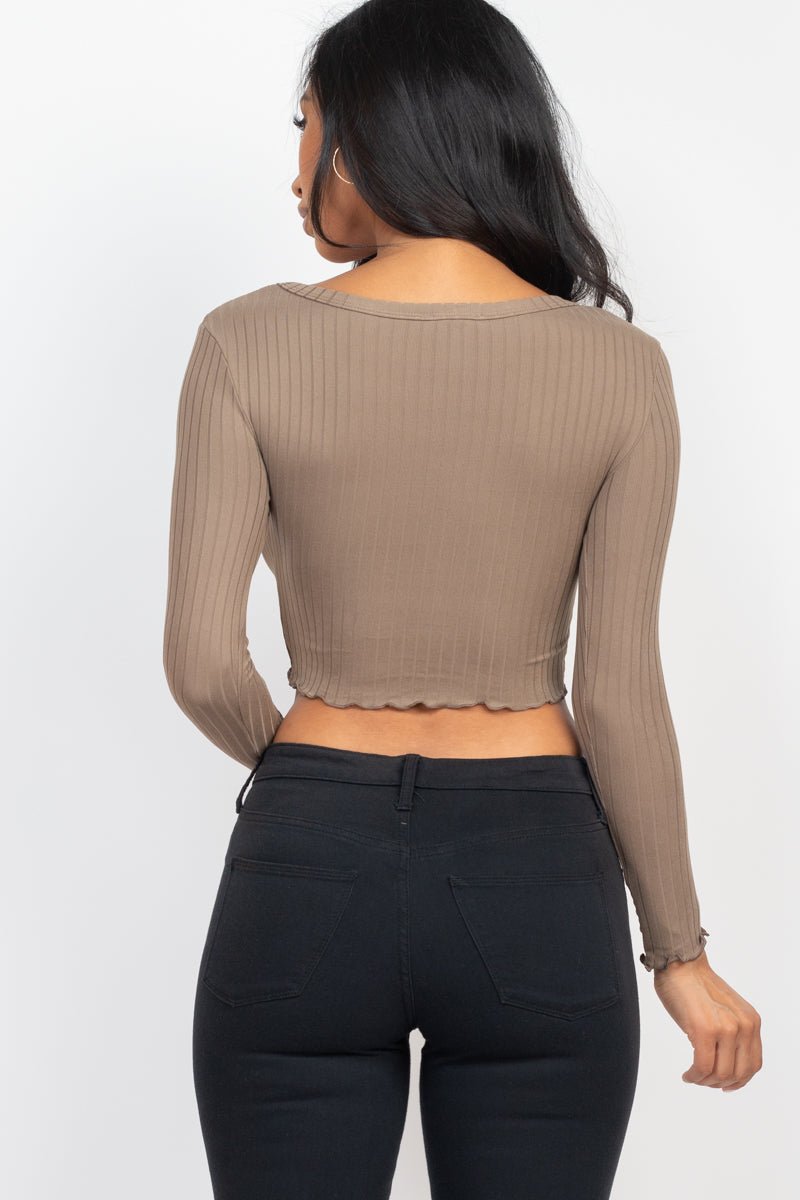 Casual Basics Ribbed Button Front Split Long Sleeve Crop Top - ShopRbls